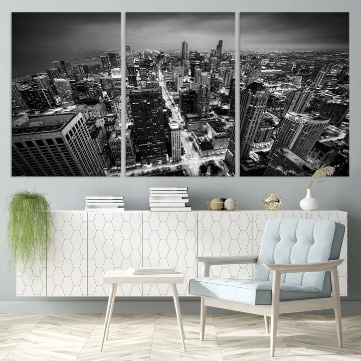 A Chicago Wall Art Canvas Print, specifically the Chicago City Night Canvas Print, is displayed in handcrafted frames.