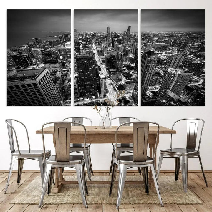 A Chicago Wall Art Canvas Print, specifically the Chicago City Night Canvas Print, is displayed in handcrafted frames.