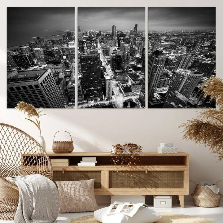 A Chicago Wall Art Canvas Print, specifically the Chicago City Night Canvas Print, is displayed in handcrafted frames.