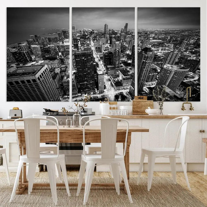 A Chicago Wall Art Canvas Print, specifically the Chicago City Night Canvas Print, is displayed in handcrafted frames.