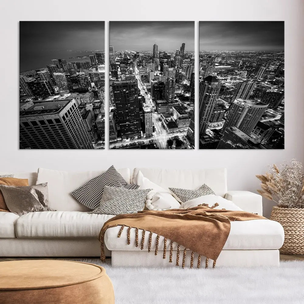 A Chicago Wall Art Canvas Print, specifically the Chicago City Night Canvas Print, is displayed in handcrafted frames.