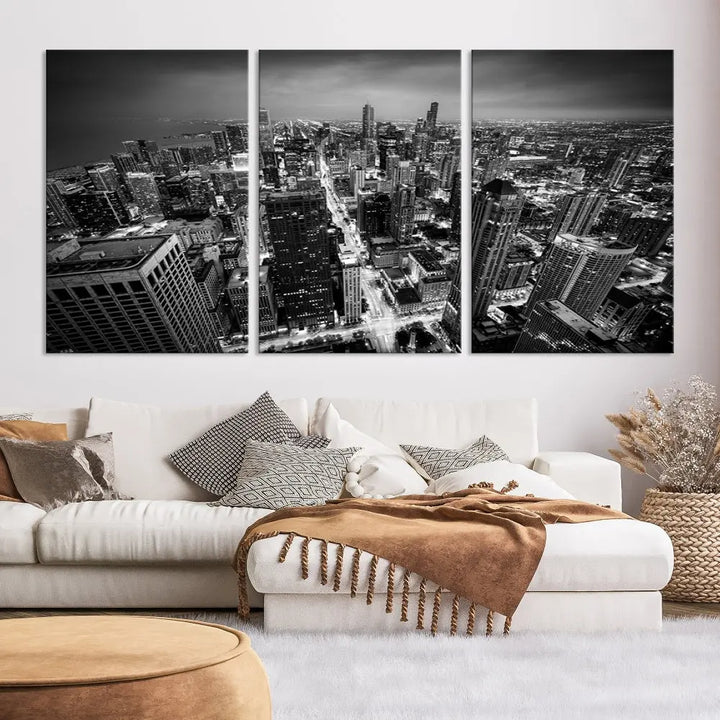 A Chicago Wall Art Canvas Print, specifically the Chicago City Night Canvas Print, is displayed in handcrafted frames.