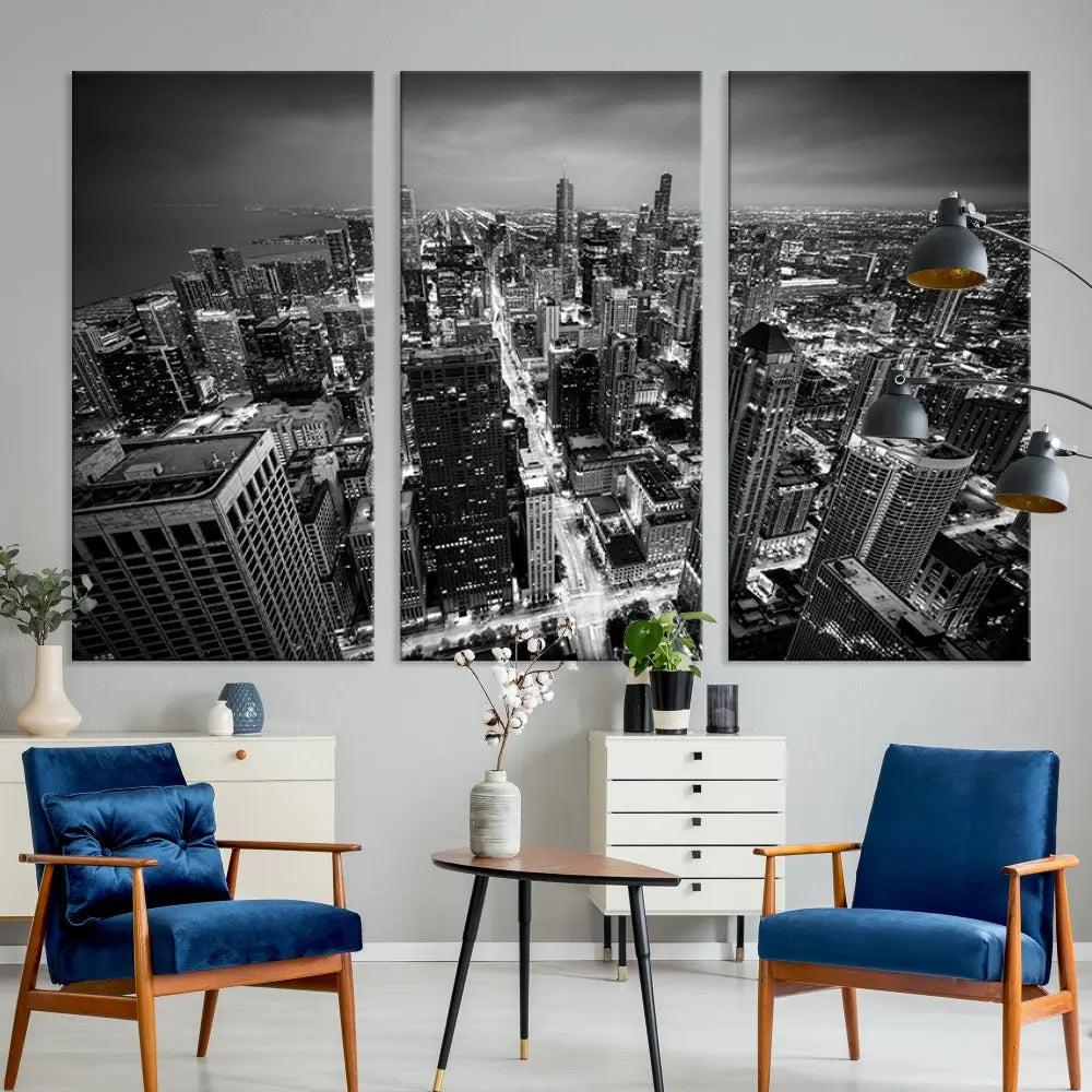 A Chicago Wall Art Canvas Print, specifically the Chicago City Night Canvas Print, is displayed in handcrafted frames.