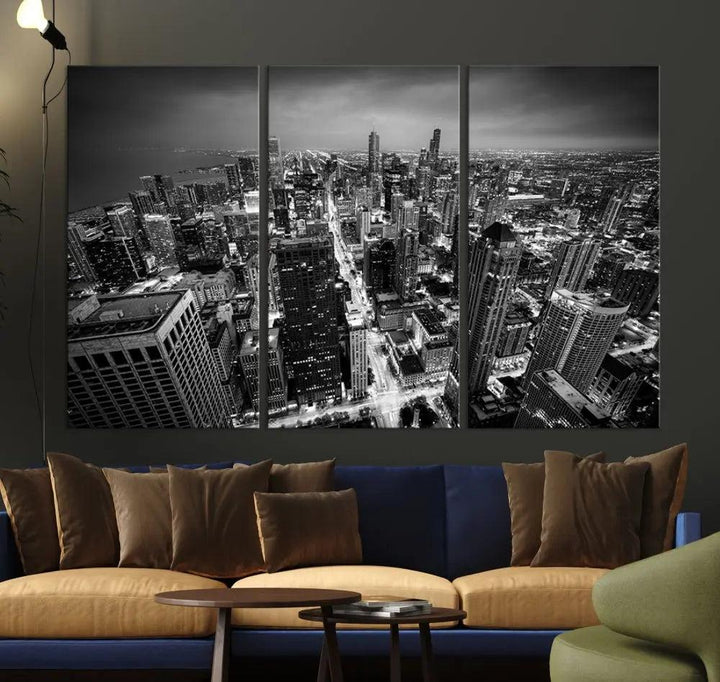 A Chicago Wall Art Canvas Print, specifically the Chicago City Night Canvas Print, is displayed in handcrafted frames.