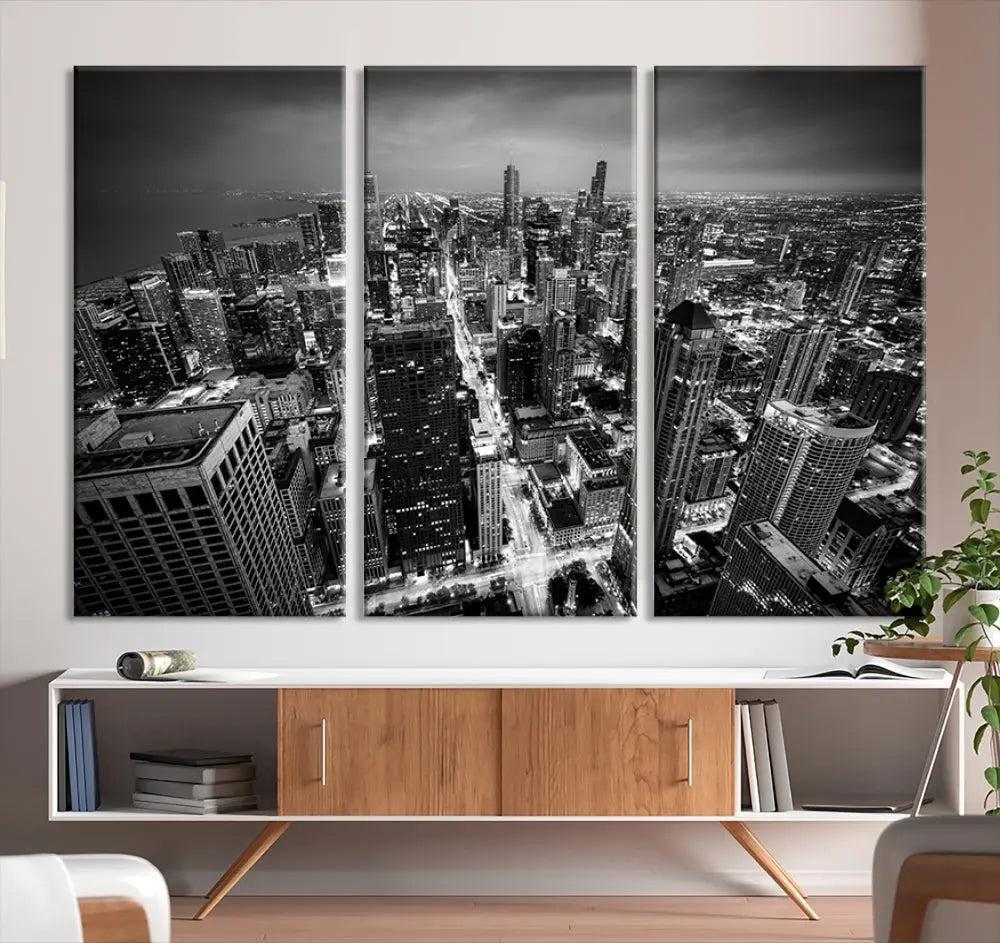 A Chicago Wall Art Canvas Print, specifically the Chicago City Night Canvas Print, is displayed in handcrafted frames.