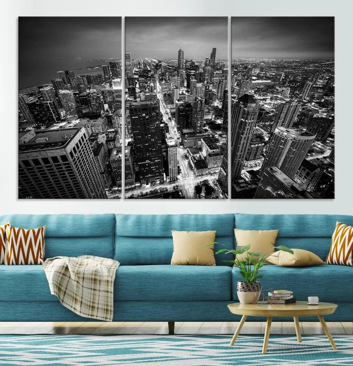 A Chicago Wall Art Canvas Print, specifically the Chicago City Night Canvas Print, is displayed in handcrafted frames.