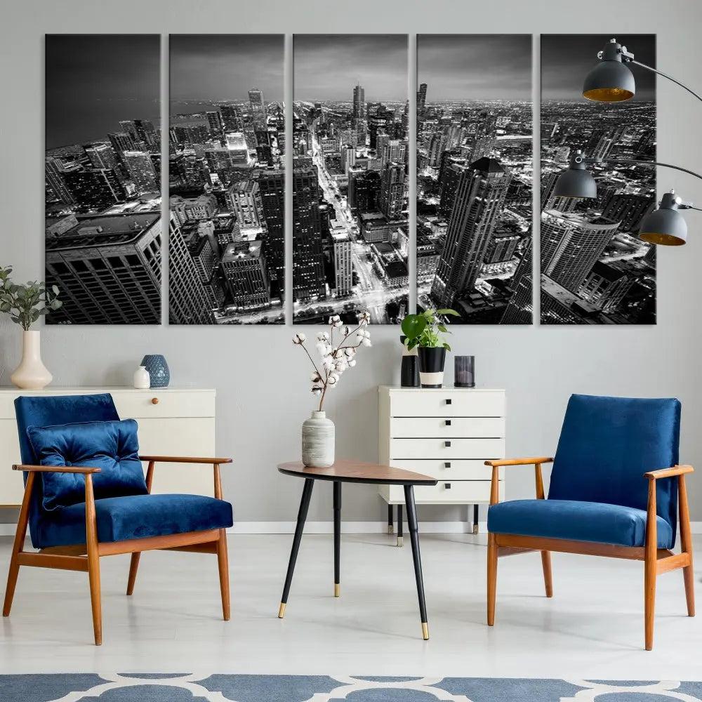 A Chicago Wall Art Canvas Print, specifically the Chicago City Night Canvas Print, is displayed in handcrafted frames.