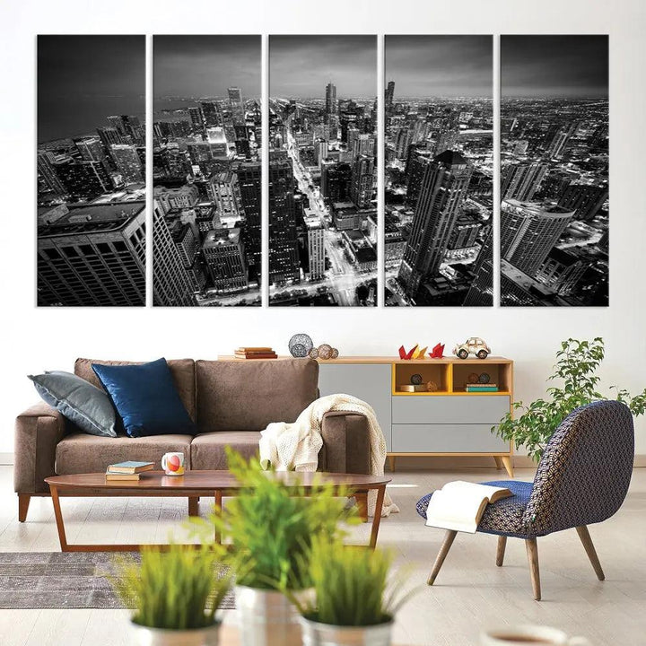 A Chicago Wall Art Canvas Print, specifically the Chicago City Night Canvas Print, is displayed in handcrafted frames.