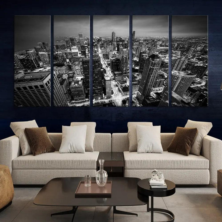 A Chicago Wall Art Canvas Print, specifically the Chicago City Night Canvas Print, is displayed in handcrafted frames.