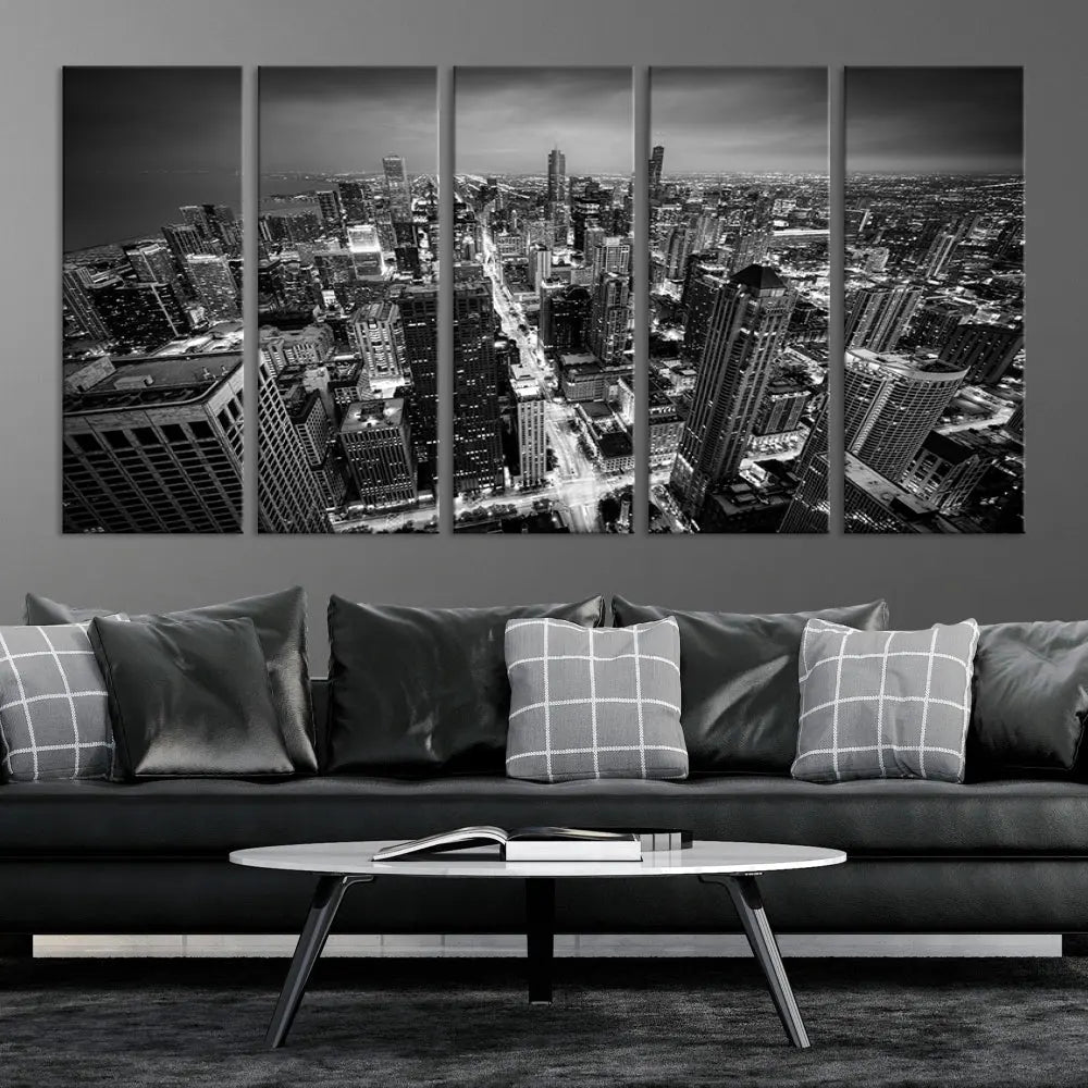 A Chicago Wall Art Canvas Print, specifically the Chicago City Night Canvas Print, is displayed in handcrafted frames.