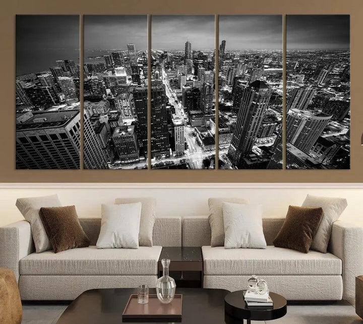 A Chicago Wall Art Canvas Print, specifically the Chicago City Night Canvas Print, is displayed in handcrafted frames.