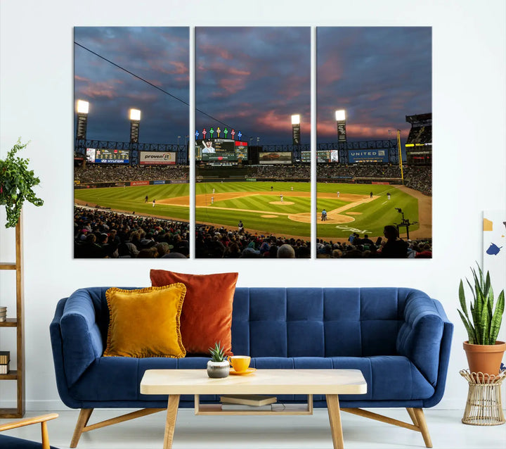 A living room showcases the "Chicago White Sox Baseball Team Print - Guaranteed Rate Field Stadium Wall Art Canvas Print," set on museum-quality canvas as a triptych.