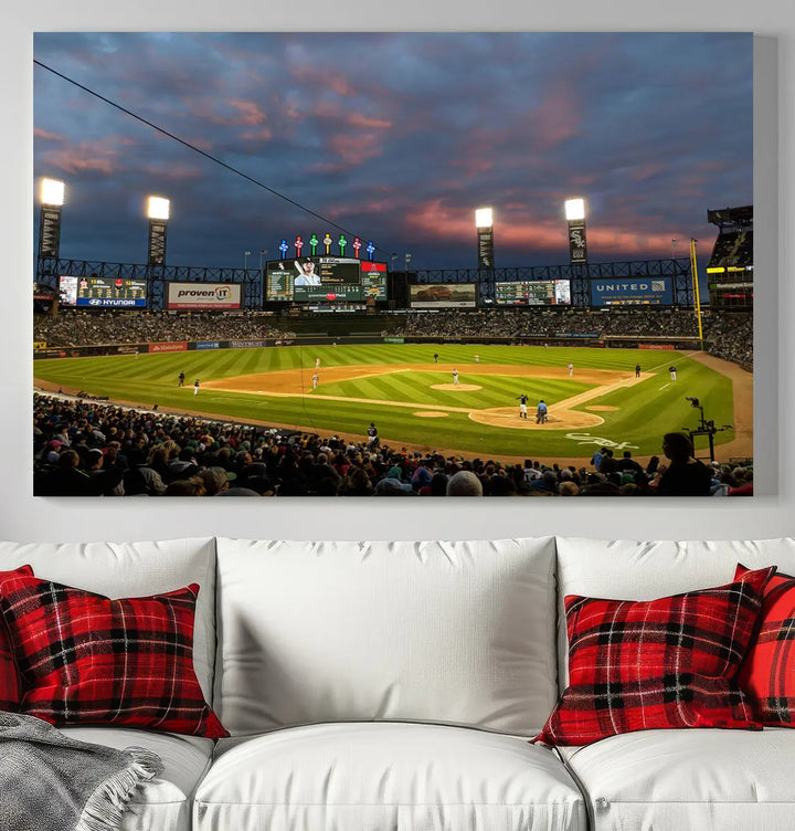 A living room showcases the "Chicago White Sox Baseball Team Print - Guaranteed Rate Field Stadium Wall Art Canvas Print," set on museum-quality canvas as a triptych.