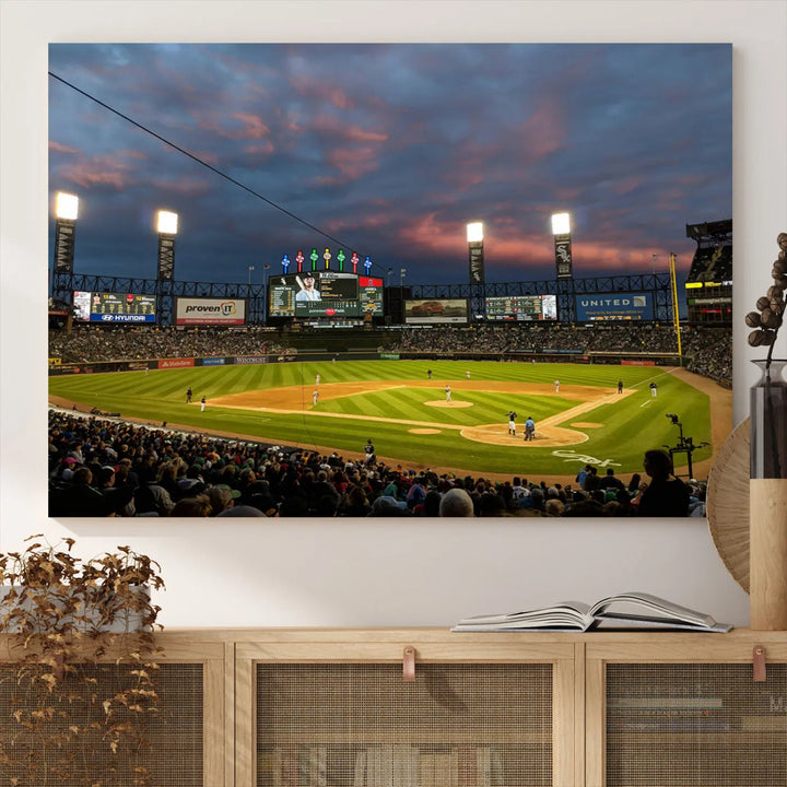 A living room showcases the "Chicago White Sox Baseball Team Print - Guaranteed Rate Field Stadium Wall Art Canvas Print," set on museum-quality canvas as a triptych.