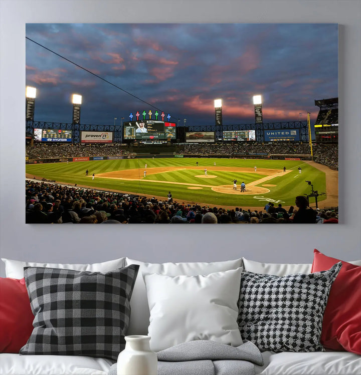 A living room showcases the "Chicago White Sox Baseball Team Print - Guaranteed Rate Field Stadium Wall Art Canvas Print," set on museum-quality canvas as a triptych.