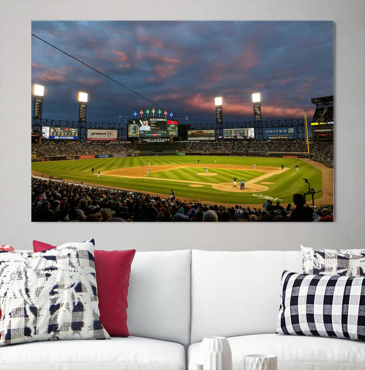 A living room showcases the "Chicago White Sox Baseball Team Print - Guaranteed Rate Field Stadium Wall Art Canvas Print," set on museum-quality canvas as a triptych.