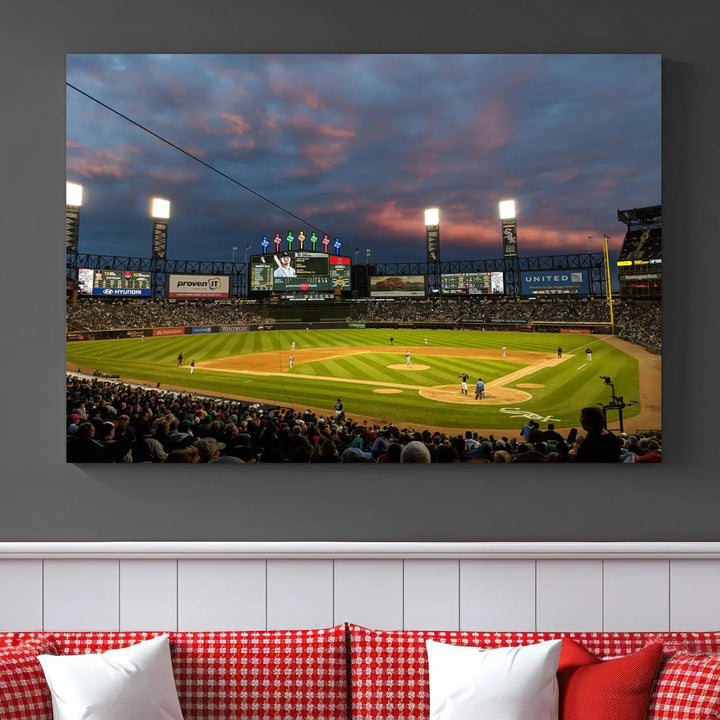 A living room showcases the "Chicago White Sox Baseball Team Print - Guaranteed Rate Field Stadium Wall Art Canvas Print," set on museum-quality canvas as a triptych.