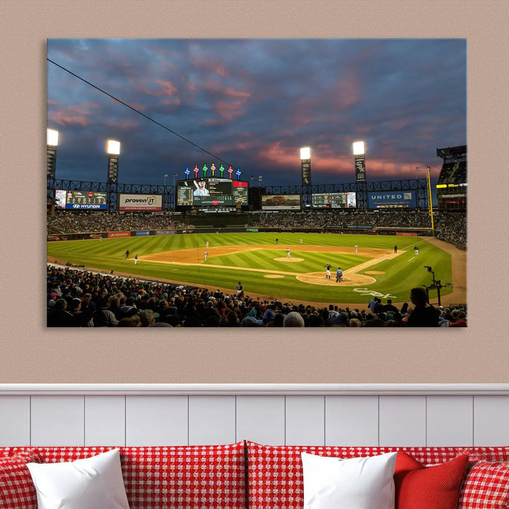 A living room showcases the "Chicago White Sox Baseball Team Print - Guaranteed Rate Field Stadium Wall Art Canvas Print," set on museum-quality canvas as a triptych.