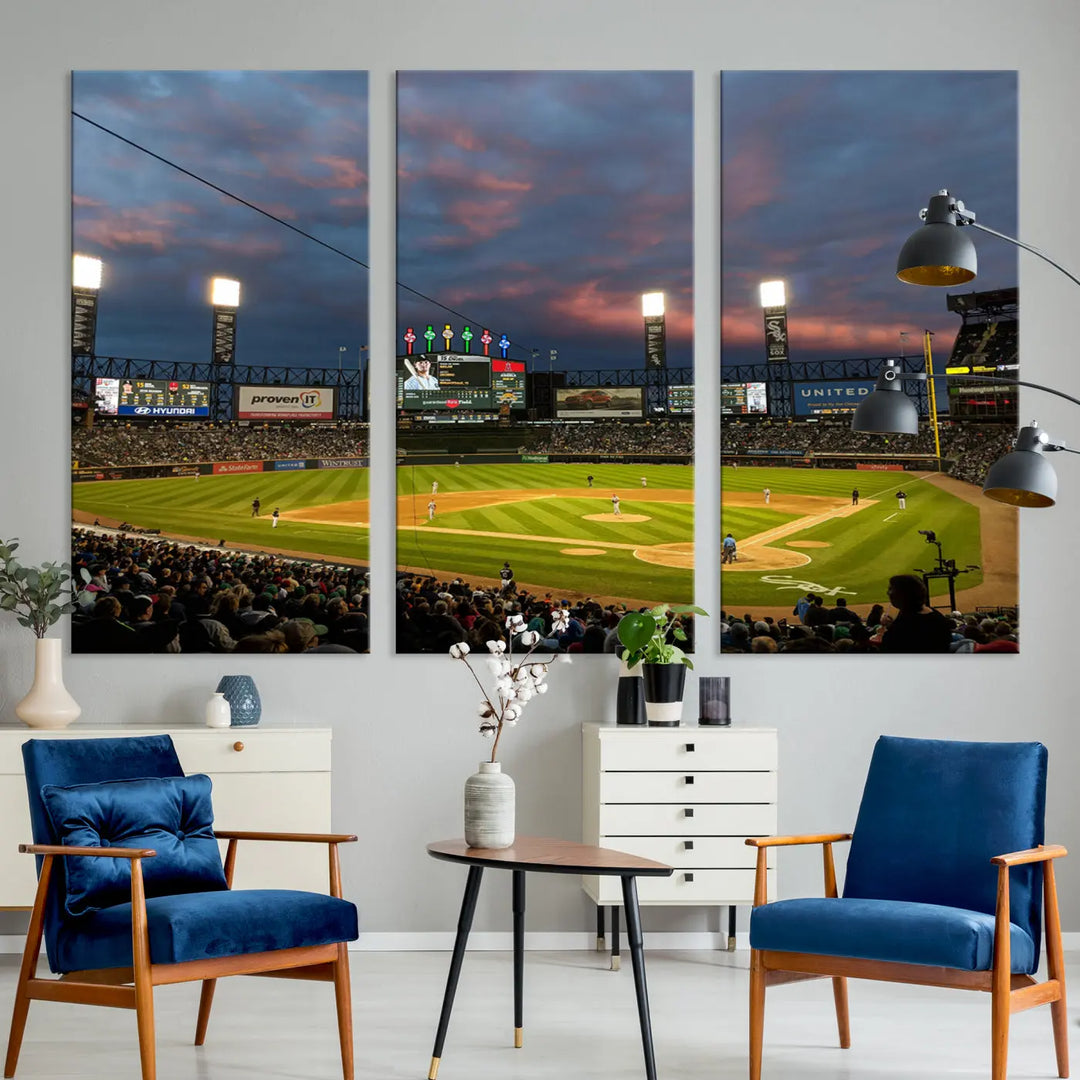 A living room showcases the "Chicago White Sox Baseball Team Print - Guaranteed Rate Field Stadium Wall Art Canvas Print," set on museum-quality canvas as a triptych.