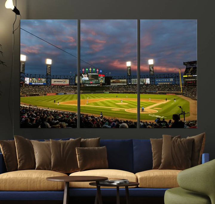 A living room showcases the "Chicago White Sox Baseball Team Print - Guaranteed Rate Field Stadium Wall Art Canvas Print," set on museum-quality canvas as a triptych.