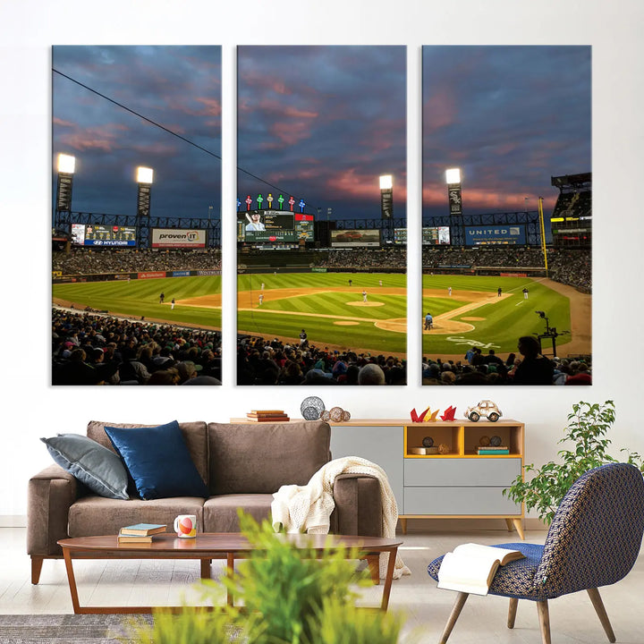 A living room showcases the "Chicago White Sox Baseball Team Print - Guaranteed Rate Field Stadium Wall Art Canvas Print," set on museum-quality canvas as a triptych.