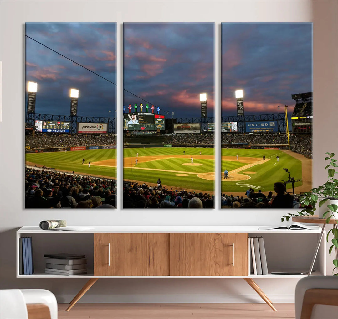 A living room showcases the "Chicago White Sox Baseball Team Print - Guaranteed Rate Field Stadium Wall Art Canvas Print," set on museum-quality canvas as a triptych.