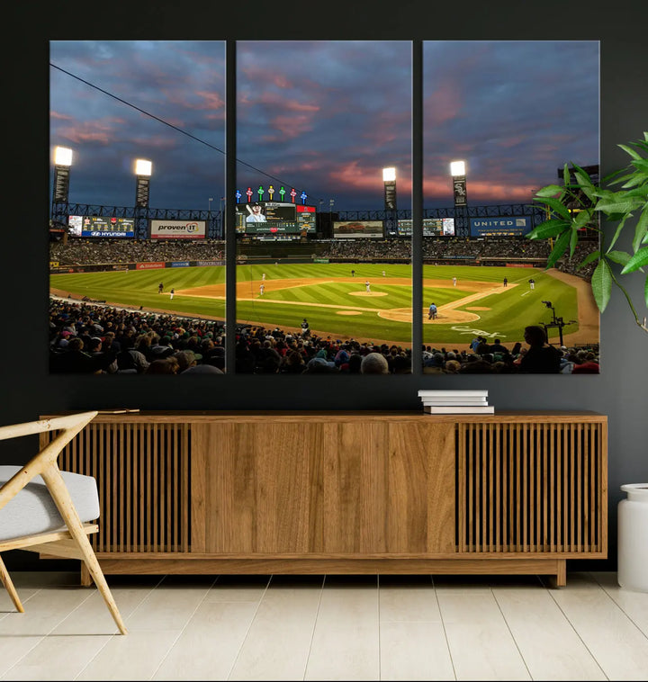 A living room showcases the "Chicago White Sox Baseball Team Print - Guaranteed Rate Field Stadium Wall Art Canvas Print," set on museum-quality canvas as a triptych.