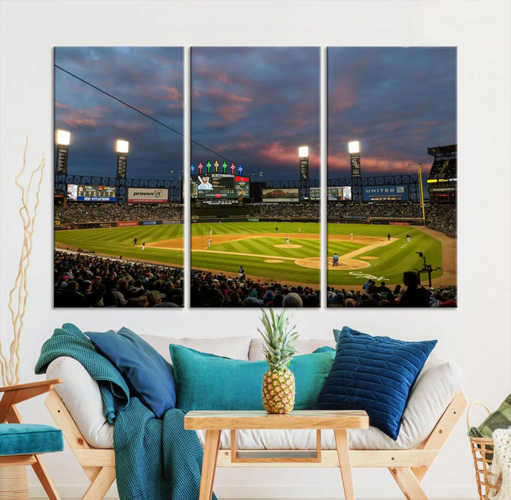 A living room showcases the "Chicago White Sox Baseball Team Print - Guaranteed Rate Field Stadium Wall Art Canvas Print," set on museum-quality canvas as a triptych.