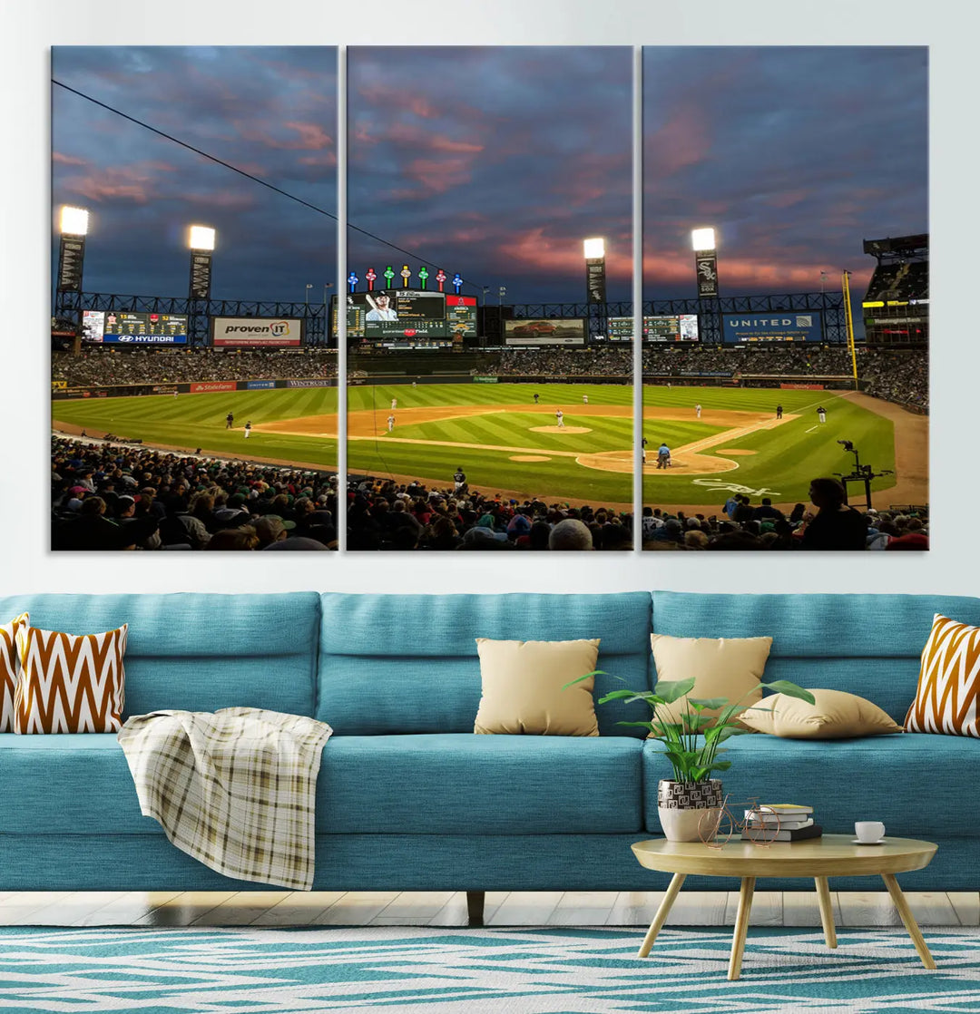 A living room showcases the "Chicago White Sox Baseball Team Print - Guaranteed Rate Field Stadium Wall Art Canvas Print," set on museum-quality canvas as a triptych.