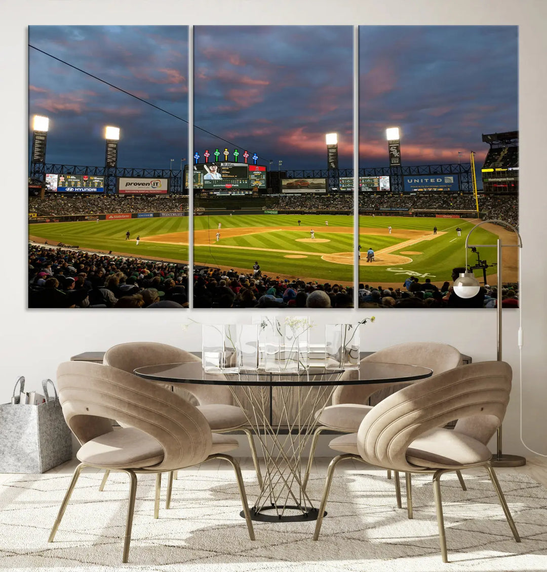 A living room showcases the "Chicago White Sox Baseball Team Print - Guaranteed Rate Field Stadium Wall Art Canvas Print," set on museum-quality canvas as a triptych.