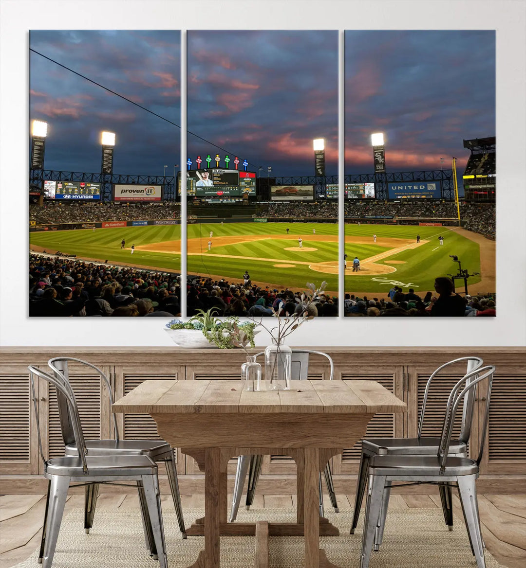 A living room showcases the "Chicago White Sox Baseball Team Print - Guaranteed Rate Field Stadium Wall Art Canvas Print," set on museum-quality canvas as a triptych.