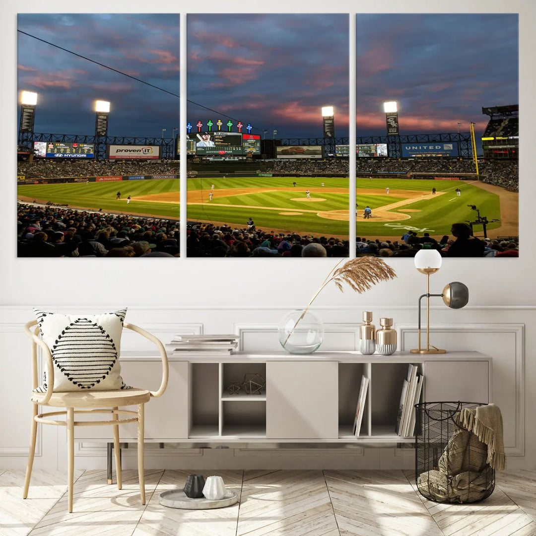 A living room showcases the "Chicago White Sox Baseball Team Print - Guaranteed Rate Field Stadium Wall Art Canvas Print," set on museum-quality canvas as a triptych.