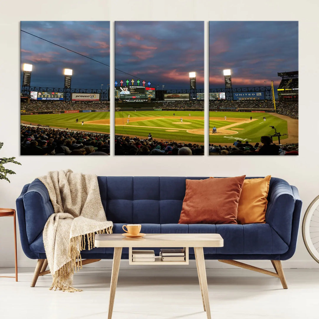 A living room showcases the "Chicago White Sox Baseball Team Print - Guaranteed Rate Field Stadium Wall Art Canvas Print," set on museum-quality canvas as a triptych.