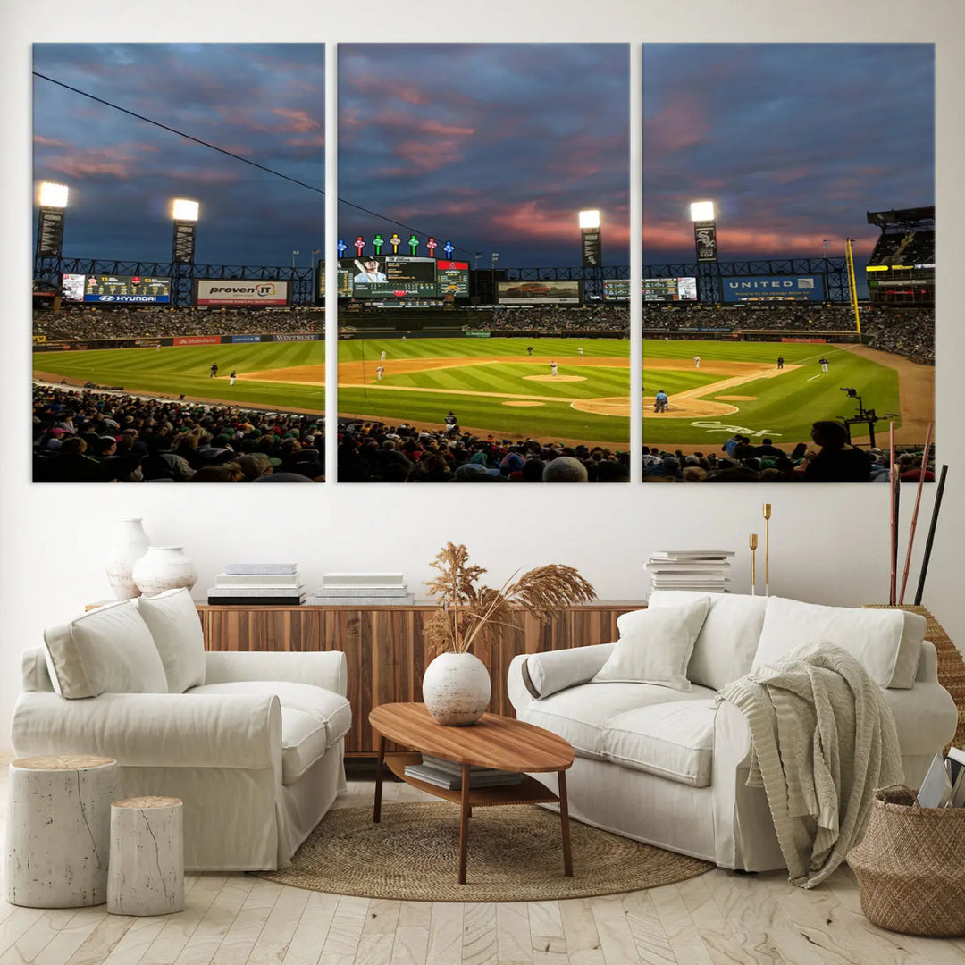 A living room showcases the "Chicago White Sox Baseball Team Print - Guaranteed Rate Field Stadium Wall Art Canvas Print," set on museum-quality canvas as a triptych.