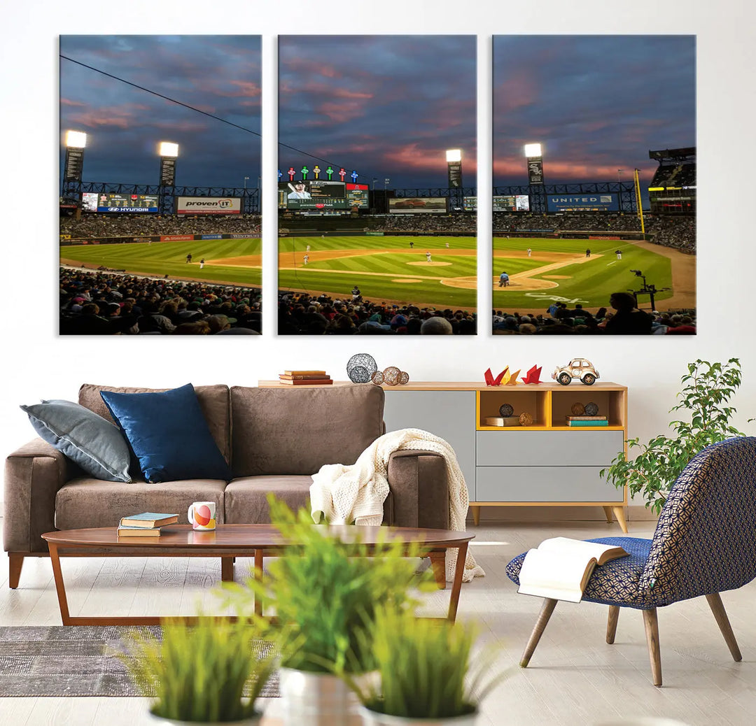 A living room showcases the "Chicago White Sox Baseball Team Print - Guaranteed Rate Field Stadium Wall Art Canvas Print," set on museum-quality canvas as a triptych.