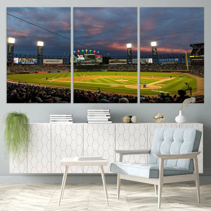 A living room showcases the "Chicago White Sox Baseball Team Print - Guaranteed Rate Field Stadium Wall Art Canvas Print," set on museum-quality canvas as a triptych.