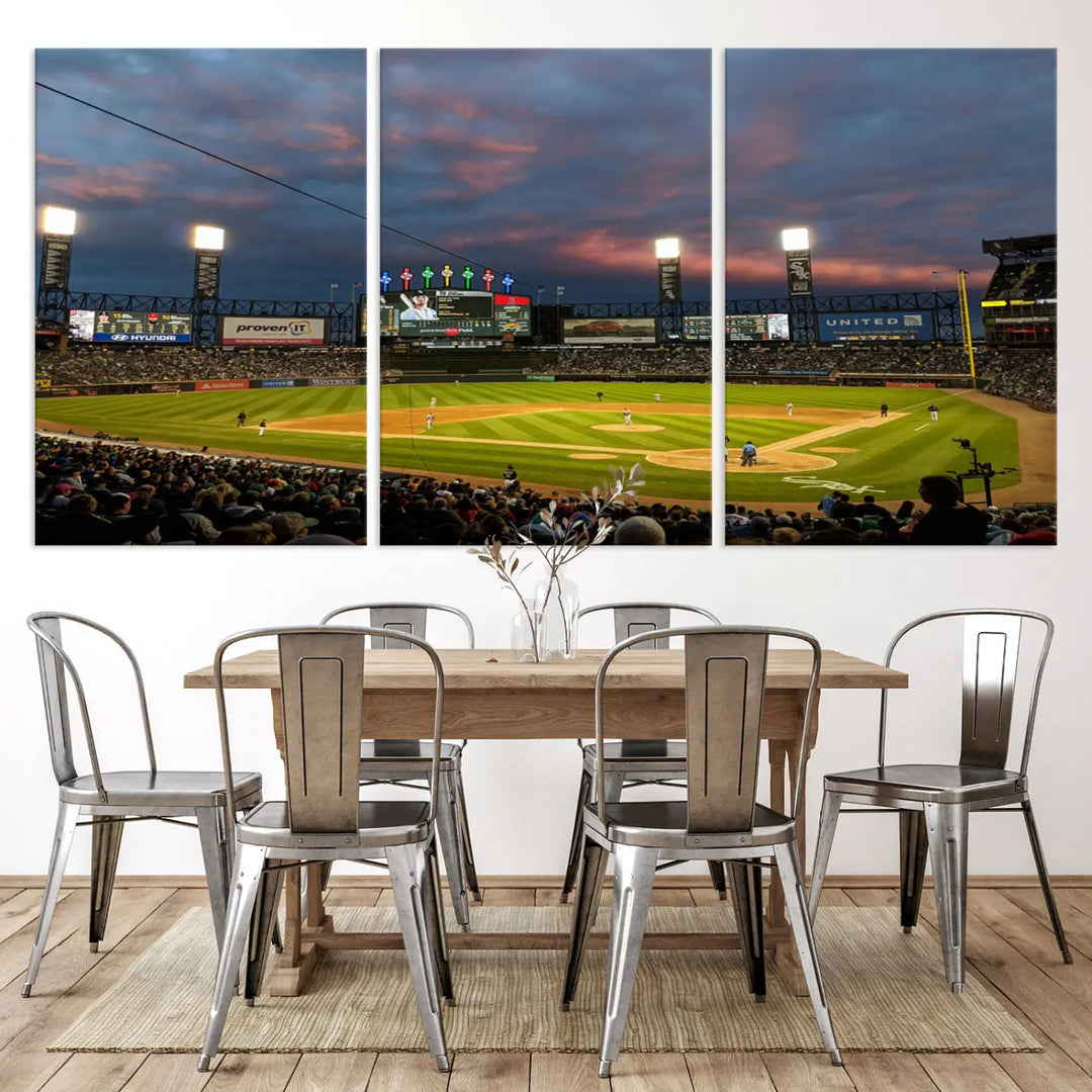 A living room showcases the "Chicago White Sox Baseball Team Print - Guaranteed Rate Field Stadium Wall Art Canvas Print," set on museum-quality canvas as a triptych.