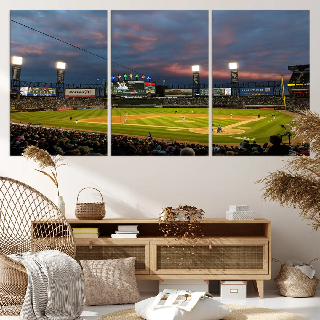 A living room showcases the "Chicago White Sox Baseball Team Print - Guaranteed Rate Field Stadium Wall Art Canvas Print," set on museum-quality canvas as a triptych.