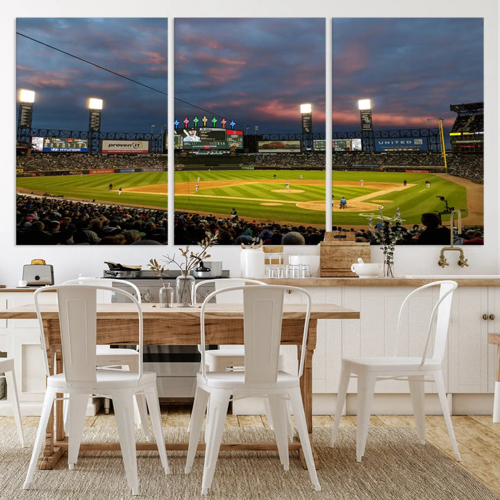 A living room showcases the "Chicago White Sox Baseball Team Print - Guaranteed Rate Field Stadium Wall Art Canvas Print," set on museum-quality canvas as a triptych.