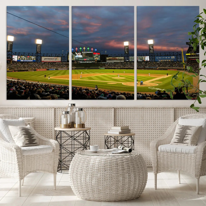 A living room showcases the "Chicago White Sox Baseball Team Print - Guaranteed Rate Field Stadium Wall Art Canvas Print," set on museum-quality canvas as a triptych.