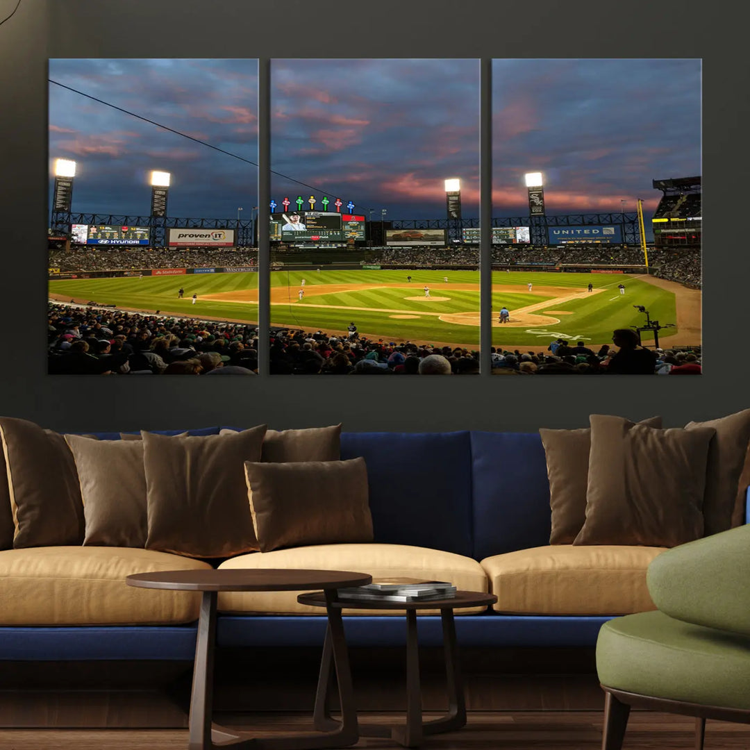 A living room showcases the "Chicago White Sox Baseball Team Print - Guaranteed Rate Field Stadium Wall Art Canvas Print," set on museum-quality canvas as a triptych.