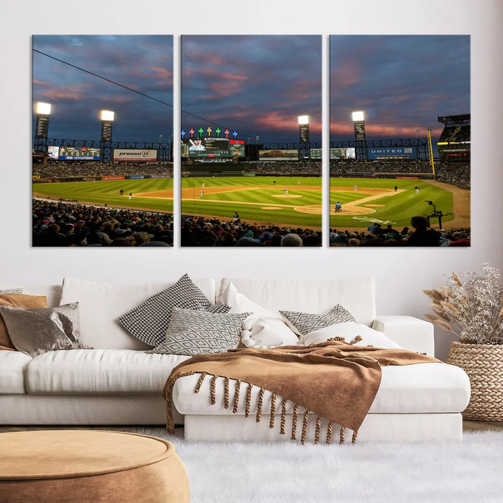 A living room showcases the "Chicago White Sox Baseball Team Print - Guaranteed Rate Field Stadium Wall Art Canvas Print," set on museum-quality canvas as a triptych.