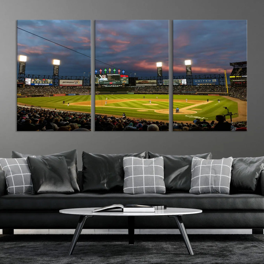 A living room showcases the "Chicago White Sox Baseball Team Print - Guaranteed Rate Field Stadium Wall Art Canvas Print," set on museum-quality canvas as a triptych.