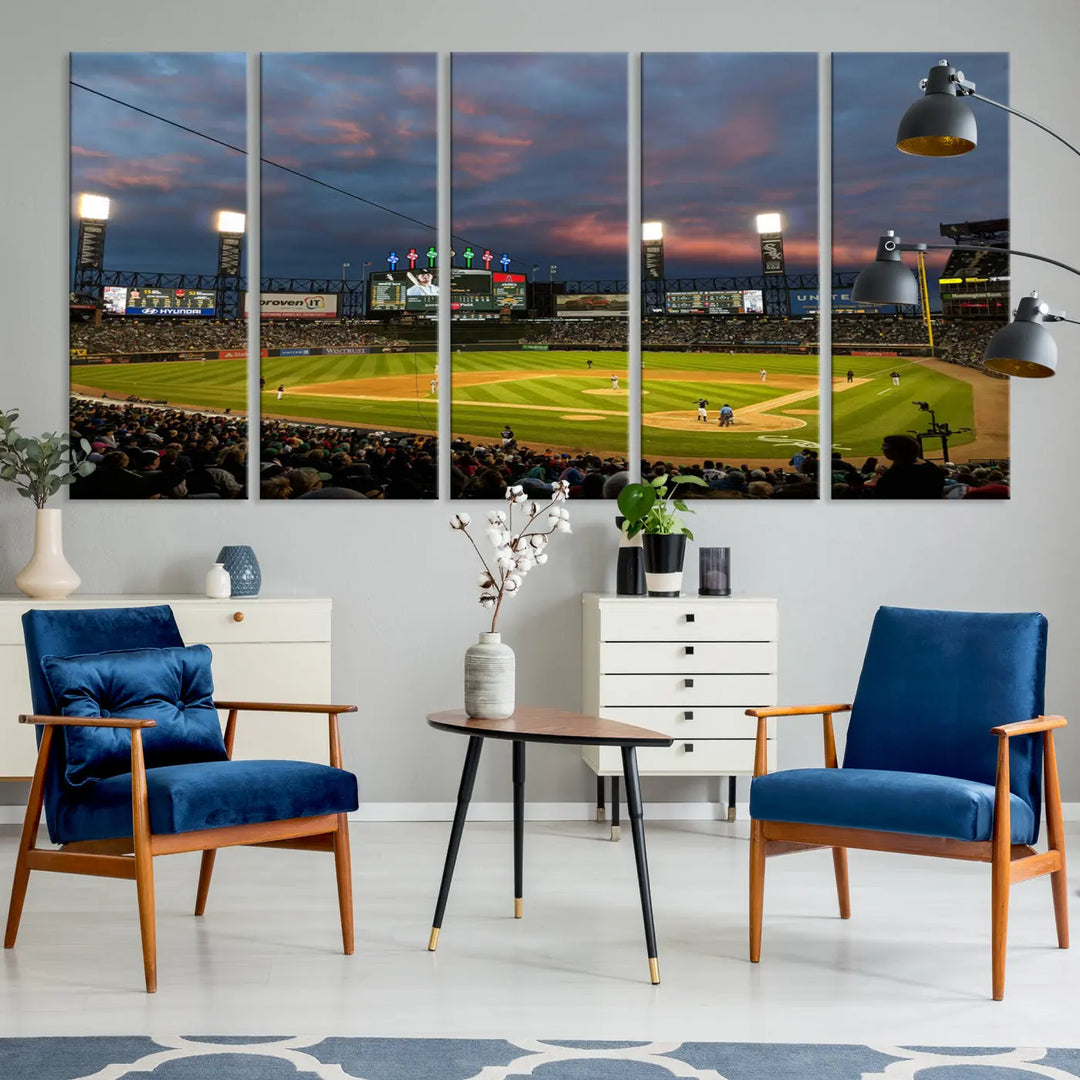 A living room showcases the "Chicago White Sox Baseball Team Print - Guaranteed Rate Field Stadium Wall Art Canvas Print," set on museum-quality canvas as a triptych.