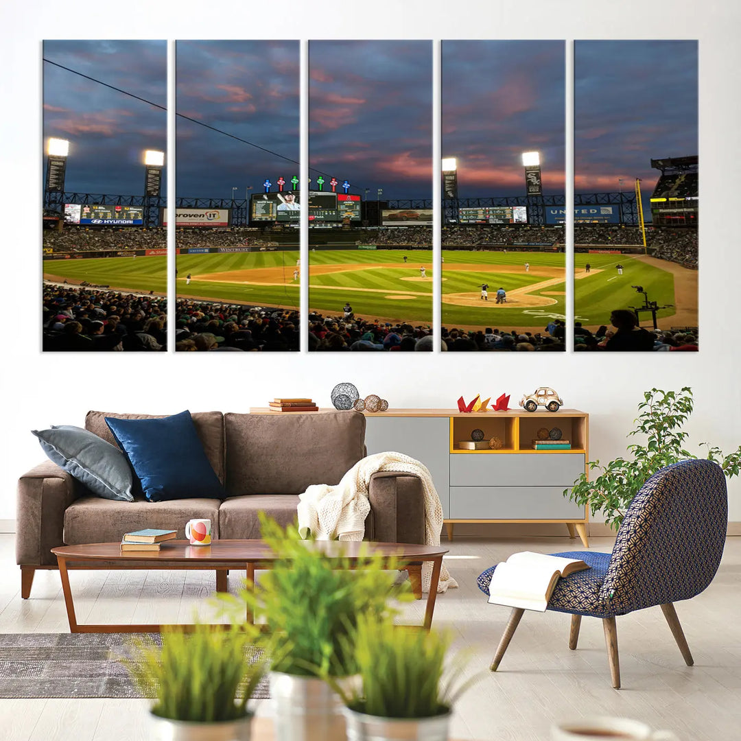 A living room showcases the "Chicago White Sox Baseball Team Print - Guaranteed Rate Field Stadium Wall Art Canvas Print," set on museum-quality canvas as a triptych.