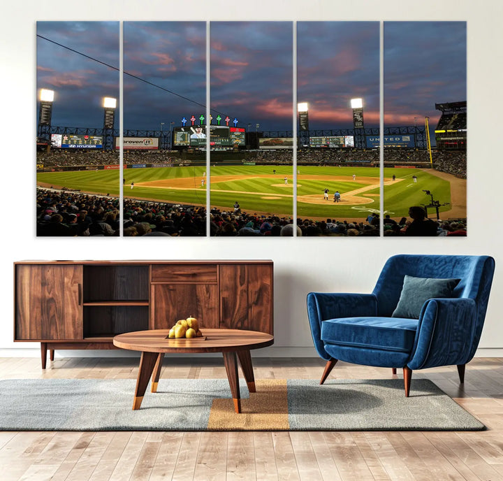 A living room showcases the "Chicago White Sox Baseball Team Print - Guaranteed Rate Field Stadium Wall Art Canvas Print," set on museum-quality canvas as a triptych.