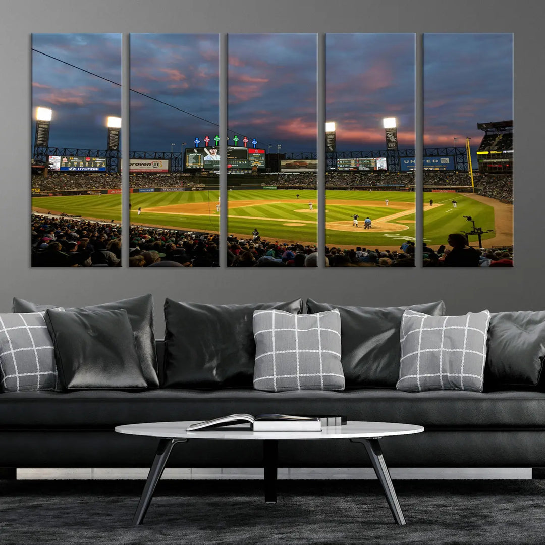 A living room showcases the "Chicago White Sox Baseball Team Print - Guaranteed Rate Field Stadium Wall Art Canvas Print," set on museum-quality canvas as a triptych.