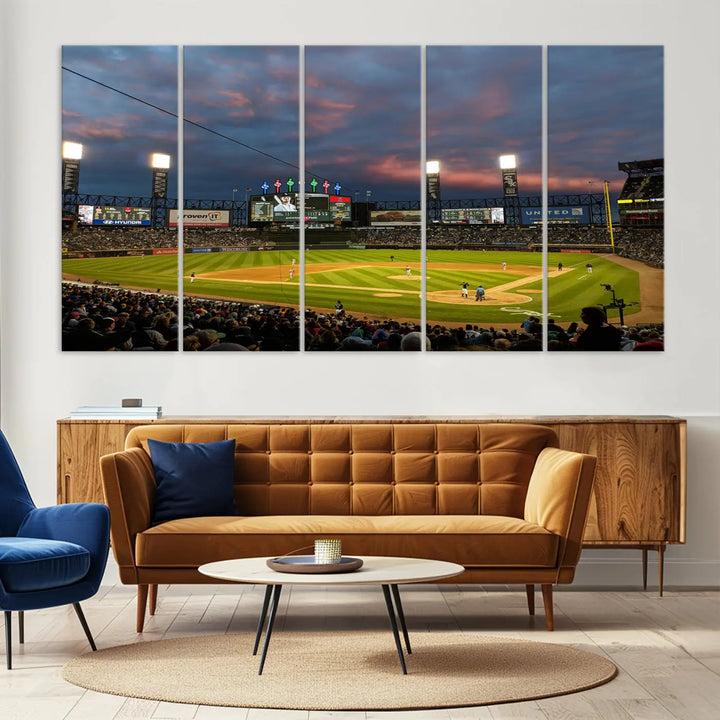 A living room showcases the "Chicago White Sox Baseball Team Print - Guaranteed Rate Field Stadium Wall Art Canvas Print," set on museum-quality canvas as a triptych.