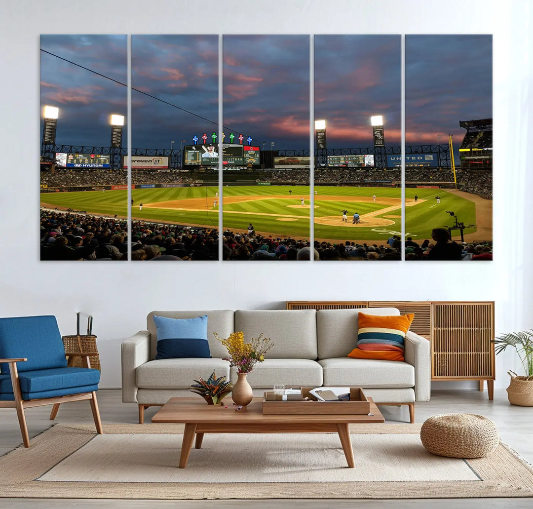 A living room showcases the "Chicago White Sox Baseball Team Print - Guaranteed Rate Field Stadium Wall Art Canvas Print," set on museum-quality canvas as a triptych.