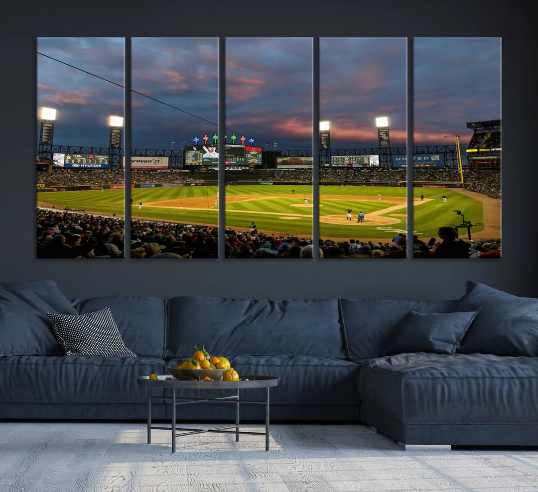 A living room showcases the "Chicago White Sox Baseball Team Print - Guaranteed Rate Field Stadium Wall Art Canvas Print," set on museum-quality canvas as a triptych.